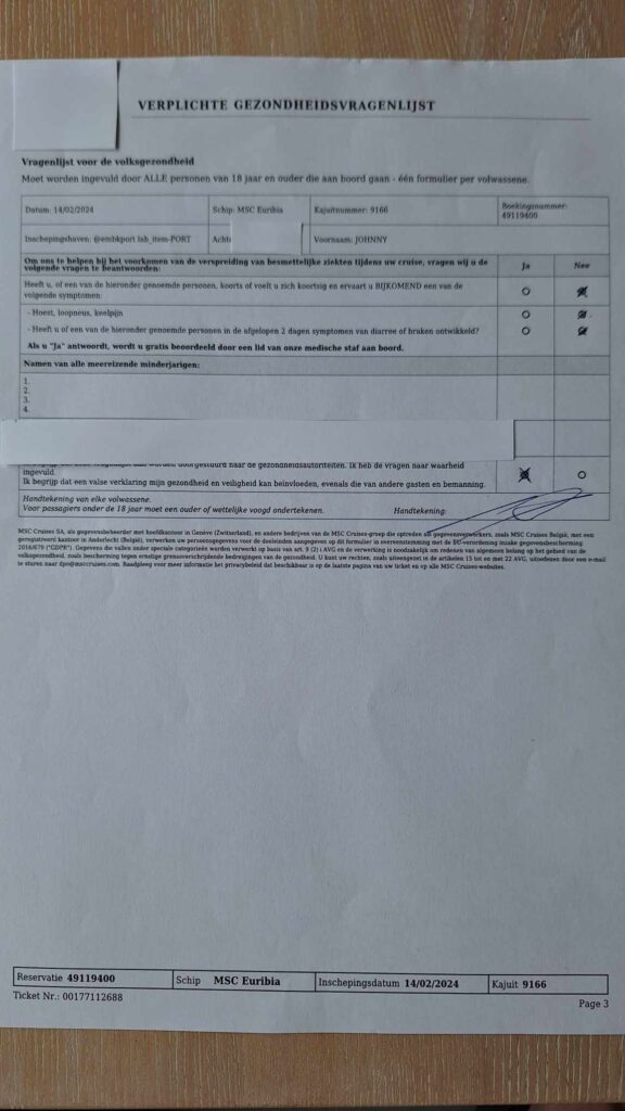 Cruisetoer-MSC-gezondheidsvragenlijst